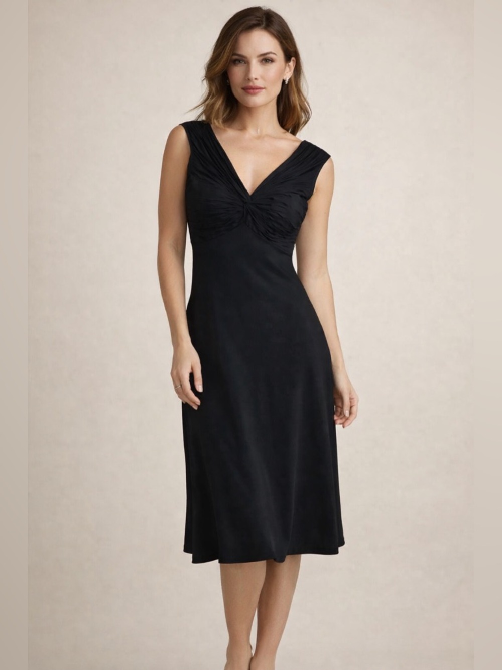 Jones New York Black Twisted V-Neck Midi Dress